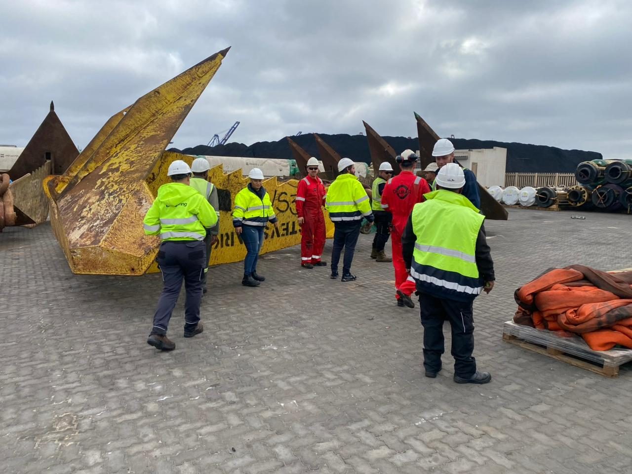 The Afrishore team in PPE on the quayside at the Walvis Bay supply base, working a rig mooring-anchor spread