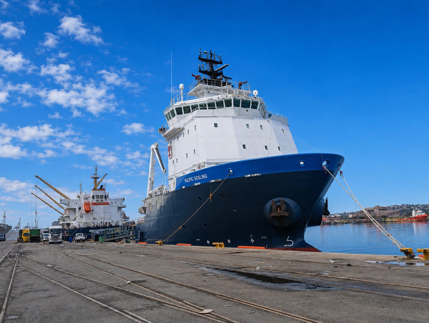 The offshore support vessel Pacific Gosling alongside the quay at the Port of Durban, South Africa: Afrishore vessel and rig agency on the east coast