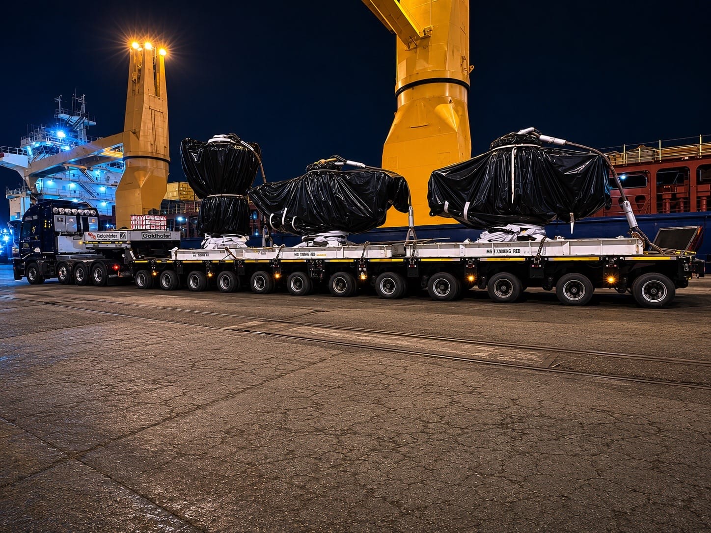Decommissioned Deepsea Mira blowout preventer (BOP), 130+ tonnes, on a multi-axle heavy-lift low-bed trailer at the Port of Walvis Bay for breakbulk export – Afrishore heavy-lift logistics