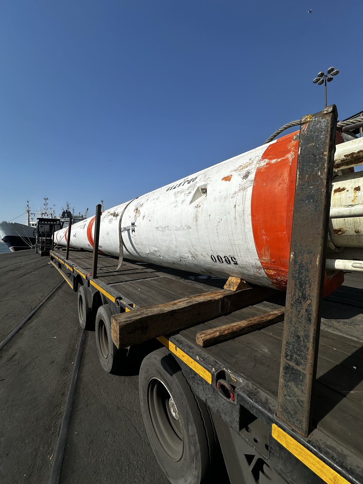 Abnormal project cargo – a large riser section on a multi-axle low-bed trailer at the quayside, Afrishore integrated logistics, Southern Africa